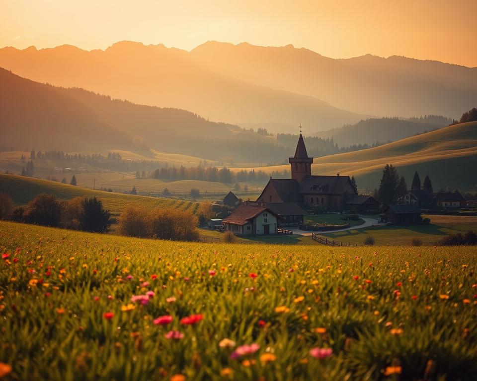 A tranquil rural landscape, bathed in warm, golden sunlight. In the foreground, a lush, verdant meadow dotted with vibrant wildflowers. In the middle ground, a quaint, picturesque village nestled among rolling hills, its charming cottages and farmhouses surrounded by neatly tended orchards and gardens. In the background, a majestic mountain range rises, its peaks capped with pristine snow. The scene conveys a sense of peace, harmony, and the simple joys of country living - the unhurried pace, the connection to nature, the tight-knit community. A lens with a shallow depth of field captures this idyllic vision, drawing the viewer's eye to the heart of the serene, pastoral setting.