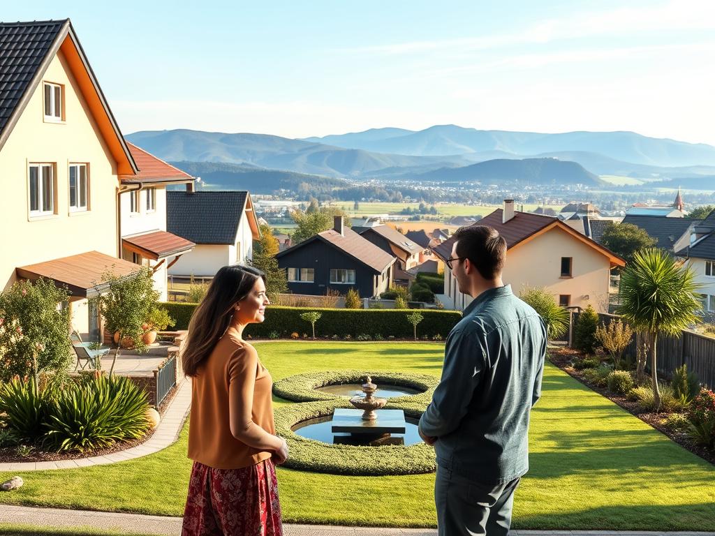 A tranquil suburban neighborhood in southern Germany, with a mix of traditional and modern houses. In the foreground, a family stands in front of their newly purchased home, discussing financing options with a real estate agent. Soft natural lighting illuminates the scene, creating a warm and inviting atmosphere. In the middle ground, a well-manicured garden with lush greenery and a water feature. The background features rolling hills, a clear blue sky, and the distant silhouettes of nearby towns. The overall composition conveys a sense of stability, comfort, and the financial considerations involved in securing a comfortable home in the region.