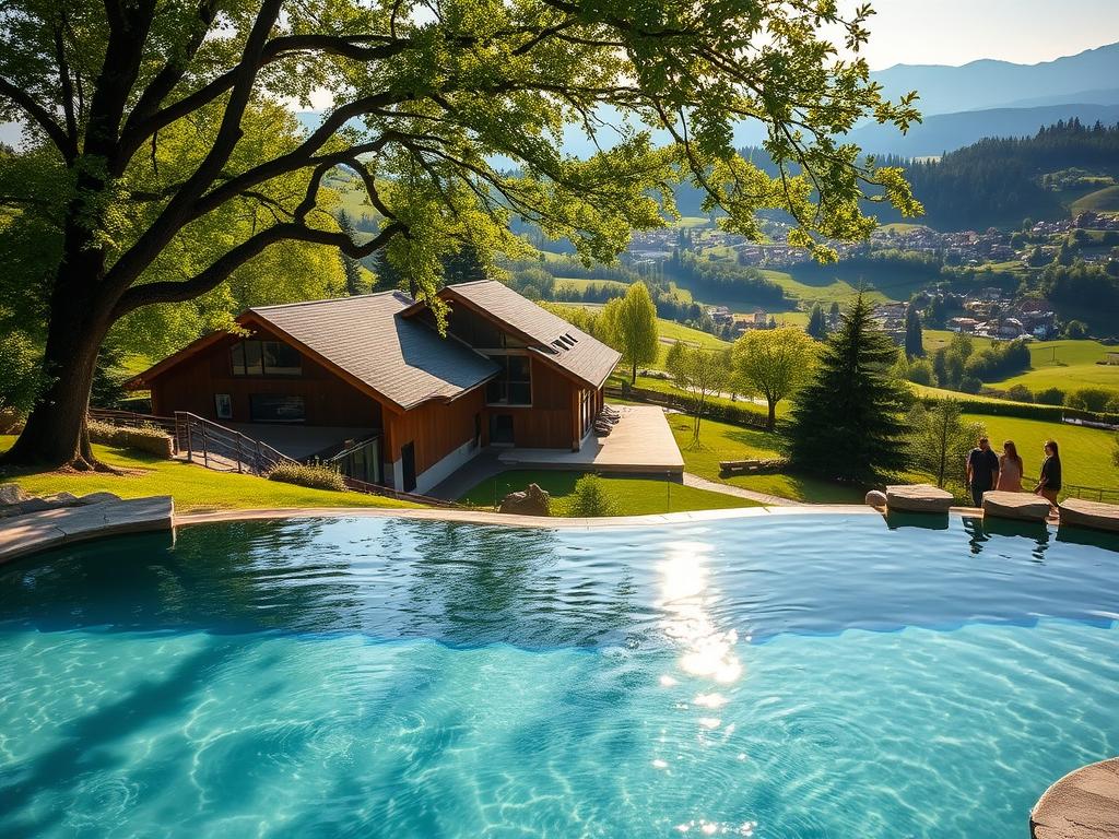 A tranquil wellness retreat nestled in the lush rolling hills of Baden-Württemberg. In the foreground, a serene outdoor spa pool, its surface gently rippling, surrounded by natural stone and verdant foliage. Sunlight filters through the canopy of trees, casting a warm, golden glow over the scene. In the middle ground, a modern yet rustic spa building, its wooden facade blending seamlessly with the pastoral landscape. Guests stroll along winding pathways, seeking moments of pure relaxation and rejuvenation. The background reveals picturesque villages and distant blue mountains, creating a sense of peaceful seclusion. The overall atmosphere evokes a feeling of harmony and connection with nature, perfectly capturing the essence of "Entspannung" in Baden-Württemberg.
