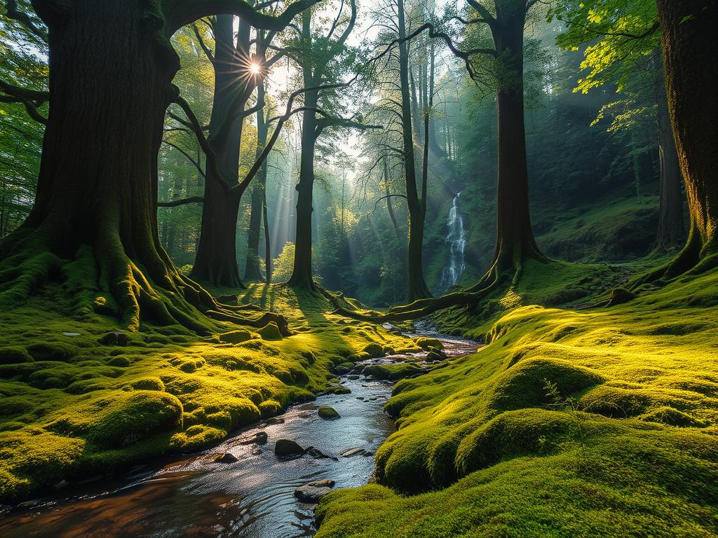 A vast, lush forest in Baden-Württemberg, Germany, with towering ancient trees and a carpet of vibrant mosses. Sunlight filters through the canopy, casting a warm, ethereal glow across the scene. In the foreground, a serene stream meanders through the undergrowth, its crystal-clear waters reflecting the surrounding foliage. In the distance, mysterious rock formations and a hidden waterfall can be glimpsed, inviting the viewer to explore further. The atmosphere is one of tranquility and wonder, capturing the essence of the region's natural beauty and hidden treasures.