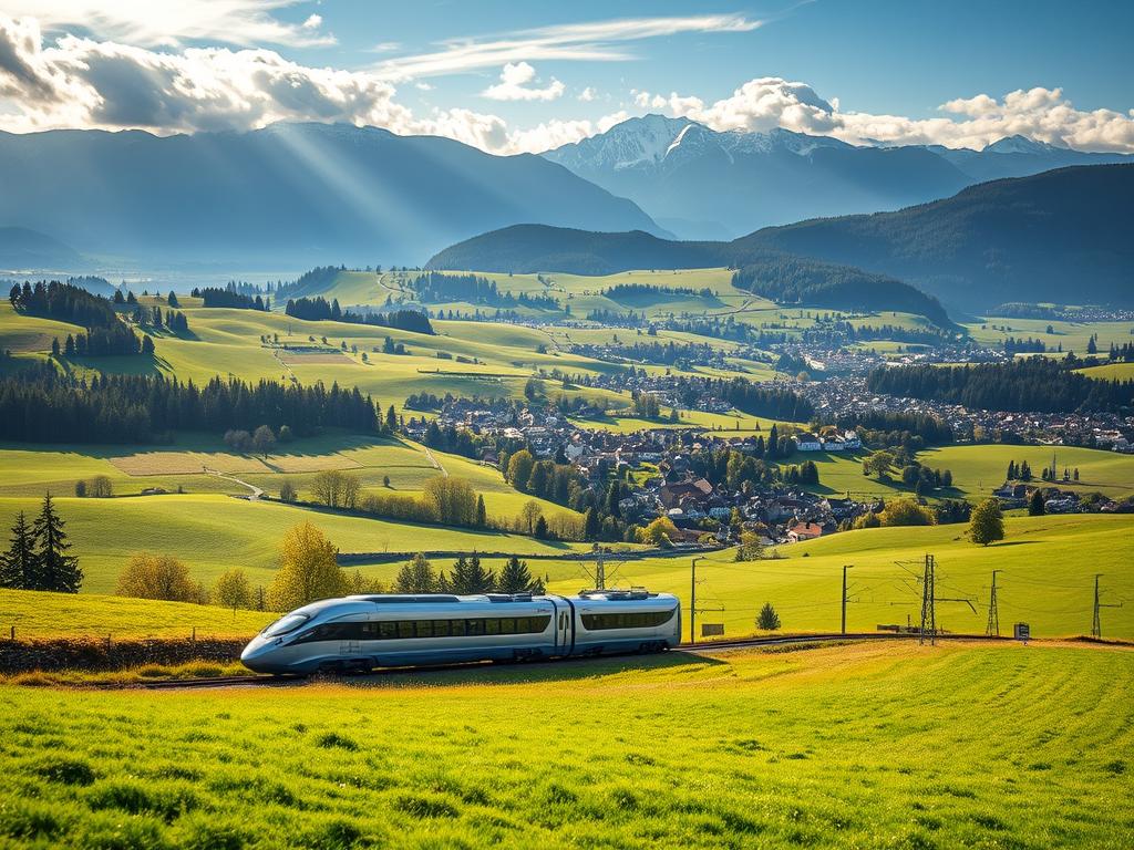 A vast, sweeping landscape of rolling hills and lush meadows in the heart of Bavaria, Germany. In the foreground, a modern, high-speed train glides silently along the tracks, its sleek form cutting through the verdant scenery. Sunlight filters through wispy clouds, casting a warm, golden glow over the scene. In the middle ground, quaint villages and historic towns dot the horizon, their traditional architecture blending seamlessly with the natural surroundings. The background is dominated by the majestic peaks of the Bavarian Alps, their snow-capped summits reaching towards the heavens. The overall atmosphere is one of progress, harmony, and a deep appreciation for the region's rich cultural and natural heritage.