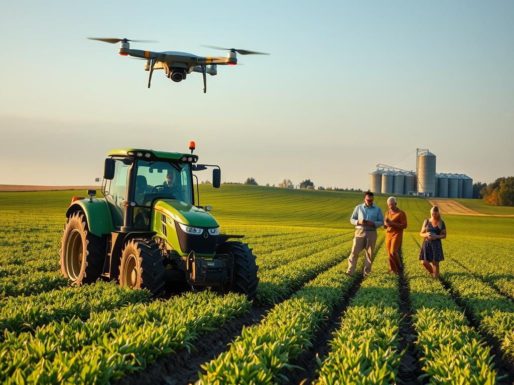 A vast, verdant landscape stretches before the viewer, dotted with modern farming equipment operating seamlessly. In the foreground, a high-tech tractor plows the soil, its efficient engine purring. Overhead, a drone captures aerial footage, mapping the field's terrain. In the middle ground, a team of agricultural scientists examines data on their tablets, optimizing crop yields. In the distance, a towering silo stands as a symbol of the region's thriving agricultural industry. The scene is bathed in warm, golden light, conveying a sense of progress and innovation. The overall atmosphere reflects the harmony between technological advancements and traditional farming practices, a testament to the South's ability to embrace change while preserving its heritage.