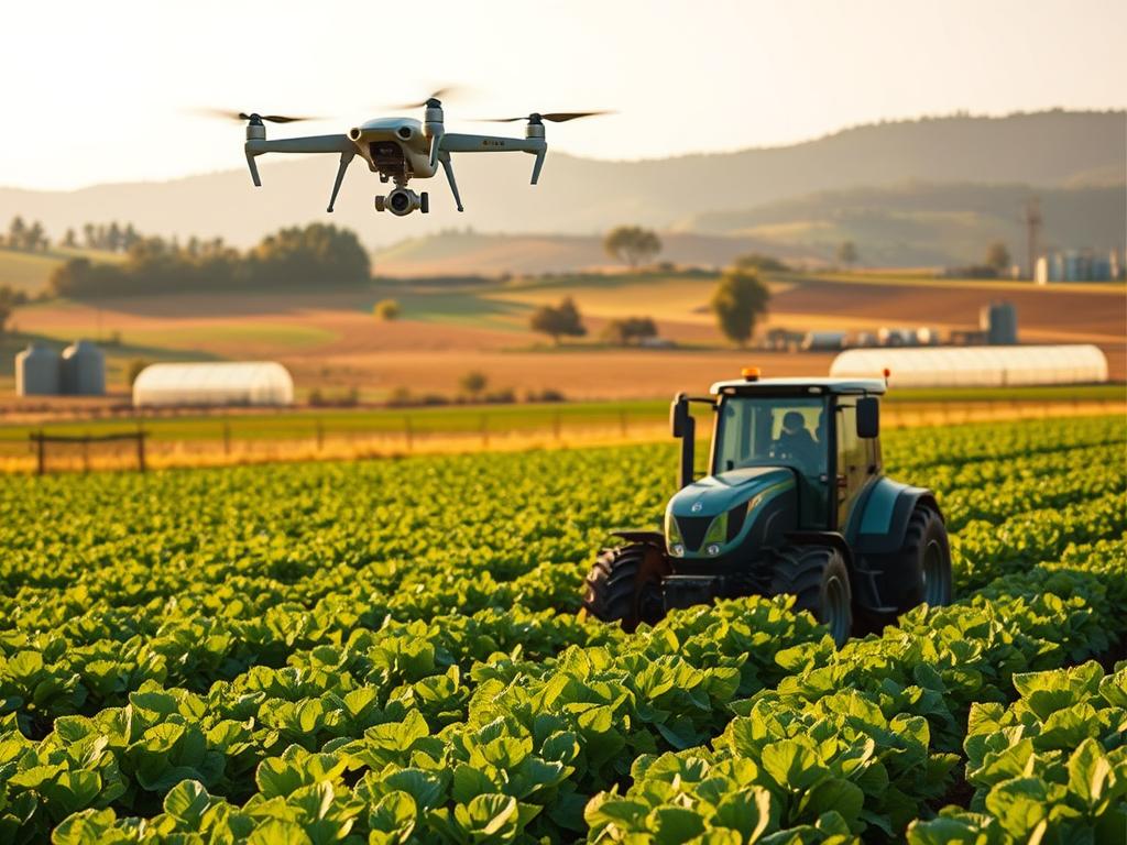 A verdant farm landscape bathed in warm, golden sunlight. In the foreground, rows of thriving crops equipped with advanced sensors and irrigation systems. Hovering above, an autonomous drone surveys the fields, analyzing soil conditions and plant health. In the middle ground, a sleek, futuristic tractor navigates the land, its self-driving capabilities on full display. Beyond, rolling hills dotted with smart greenhouses and silos, all connected to a central control hub. The scene exudes a sense of efficiency, sustainability, and technological integration - a vision of the future of smart farming.