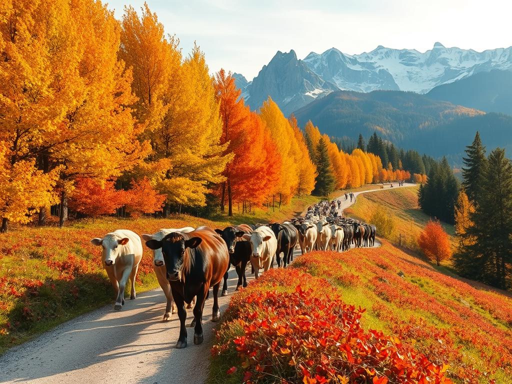 A vibrant alpine landscape in the heart of southern Germany, ablaze with the colors of autumn. A herd of cows, their bells chiming softly, slowly make their way down from the lush, verdant pastures, a seasonal tradition known as the Alpabzug. The foreground is a kaleidoscope of ochre, crimson, and gold, the leaves of the towering deciduous trees casting a warm glow over the scene. In the middle ground, the cows traverse a winding dirt path, their glossy coats complementing the surrounding foliage. In the distance, rugged mountains rise, their peaks capped with a dusting of fresh snow, creating a striking contrast against the vibrant autumnal palette. The lighting is soft and diffused, evoking a sense of tranquility and wonder. The overall composition captures the essence of this beloved Bavarian cultural event, a true celebration of the changing seasons.