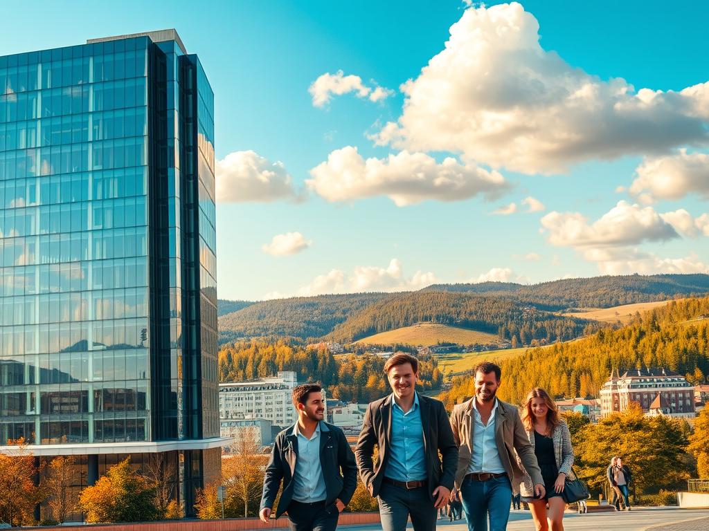 A vibrant cityscape of Baden-Württemberg, Germany, showcasing the diverse stories of its thriving startup ecosystem. In the foreground, a modern glass-and-steel office building stands tall, its facade reflecting the bustling energy of the city. In the middle ground, young entrepreneurs hurry between meetings, their faces alight with the spark of innovation. The background reveals the rolling hills and lush forests that characterize the region, creating a picturesque setting for these entrepreneurial adventures. Warm, golden sunlight filters through fluffy clouds, casting a glow over the scene and evoking a sense of optimism and possibility. The overall composition conveys the dynamic, forward-thinking nature of the "Gründerstorys" that unfold in this vibrant corner of Baden-Württemberg.