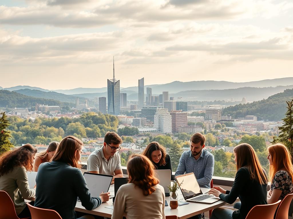 A vibrant cityscape of Baden-Württemberg, Germany, where innovative start-ups thrive. In the foreground, a group of young, diverse entrepreneurs collaborating in a modern co-working space, their laptops and whiteboards capturing their creative energy. In the middle ground, the skyline of Stuttgart rises, its sleek high-rises and cutting-edge architecture reflecting the region's technological prowess. In the background, the rolling hills and lush forests of the Black Forest provide a serene, natural backdrop, juxtaposing the urban dynamism. Warm, diffused lighting illuminates the scene, casting a sense of optimism and possibility. The image conveys the spirit of entrepreneurship, innovation, and the synergy between nature and technology that defines the start-up ecosystem of Baden-Württemberg.