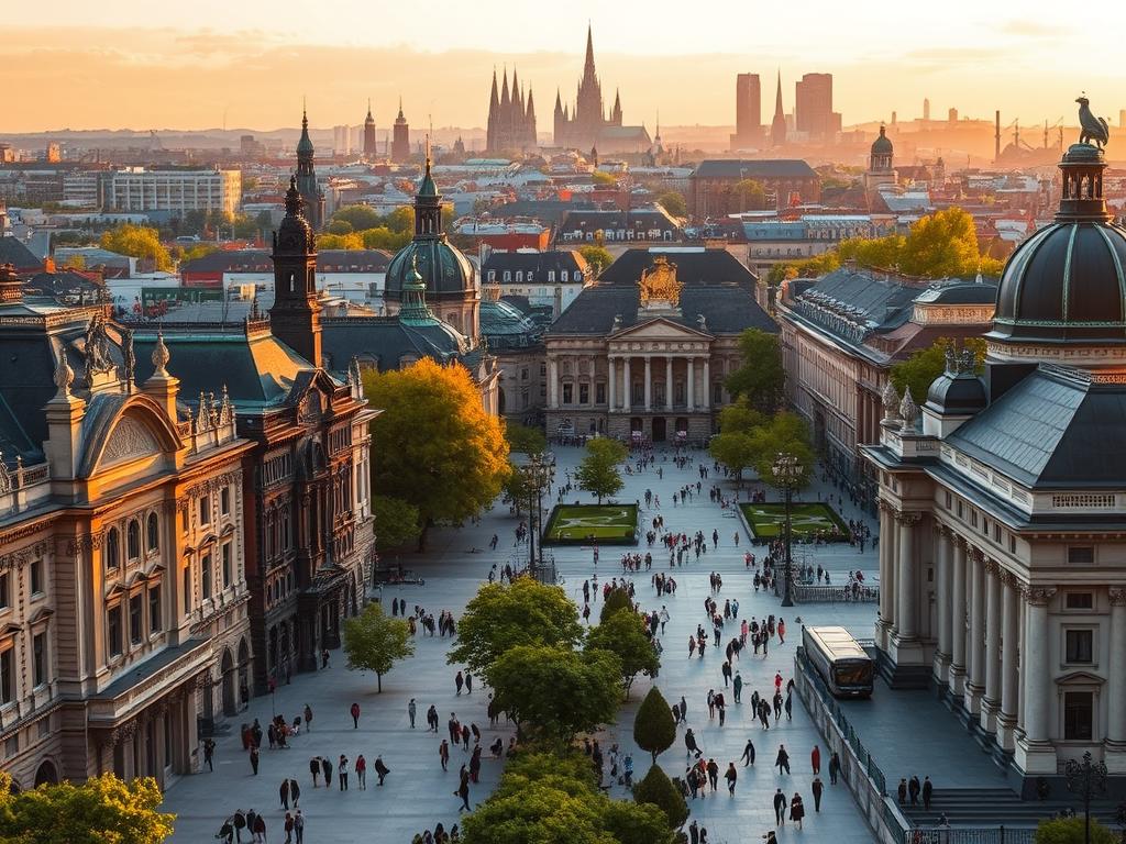 A vibrant cityscape of Germany's most culturally rich metropolises, captured under a warm, golden-hour glow. In the foreground, elegant historic architecture with ornate facades, grand cathedrals, and bustling pedestrian plazas. The middle ground features lush city parks and public squares, with people strolling and gathering. In the distance, the skyline is punctuated by iconic landmarks like church spires, domed roofs, and modern skyscrapers. The scene conveys a sense of timeless charm, intellectual vitality, and civic pride - the quintessential experience of exploring Germany's most culturally significant urban destinations.