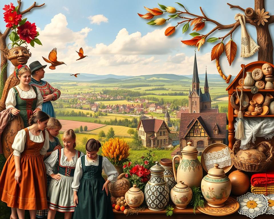 A vibrant collage showcasing the diverse traditions of Germany. In the foreground, a cluster of traditional costumes, from dirndls and lederhosen to intricate embroidered garments, capturing the regional variations across the country. In the middle ground, a display of time-honored crafts and folk art - handcrafted woodcarvings, delicate lace, and pottery adorned with distinctive patterns. The background features a panoramic landscape, with rolling hills, half-timbered houses, and steepled churches, representing the rich tapestry of Germany's rural heritage. Soft, warm lighting illuminates the scene, evoking a sense of timelessness and cultural heritage. Rendered in a painterly, realistic style with a focus on intricate details, this image celebrates the Vielfalt der deutschen Traditionen.