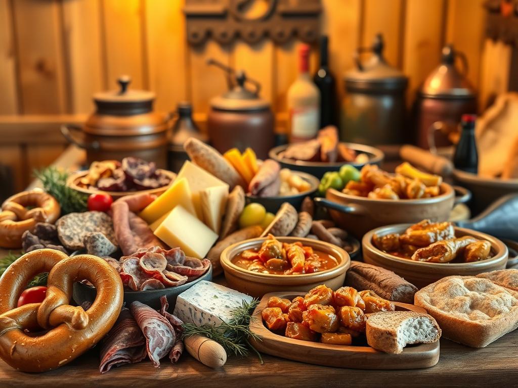 A vibrant display of regional Franconian specialties and delicacies, captured in a warm, inviting composition. In the foreground, an artful arrangement of locally-sourced ingredients - freshly baked pretzels, cured meats, aged cheeses, and seasonal produce. In the middle ground, traditional earthenware dishes filled with hearty stews and roasted meats, accompanied by rustic loaves of bread. The background features a cozy, wood-paneled tavern setting, with copper pots and vintage wine bottles adding to the authentic ambiance. Soft, golden lighting illuminates the scene, creating a convivial, homely atmosphere. The overall impression evokes the rich culinary heritage and convivial spirit of the Franconian region.