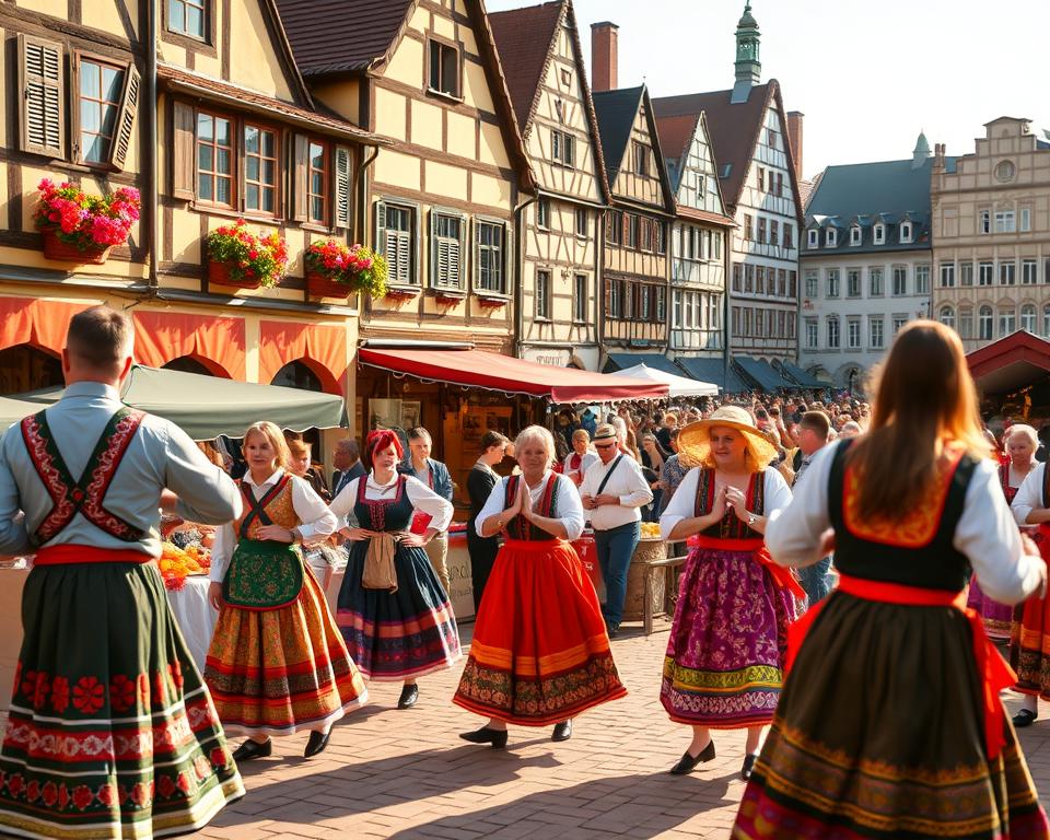 A vibrant display of regional German customs and traditions, captured in a richly detailed scene. In the foreground, a group of colorfully costumed locals perform a traditional folk dance, their intricate movements and vibrant attire reflecting the unique cultural heritage of their particular Bundesland. In the middle ground, vendors sell handcrafted wares and regional delicacies at a bustling open-air market, the sights and aromas creating an immersive sensory experience. In the background, a historic town square is framed by stately half-timbered buildings, their architectural styles showcasing the diverse regional influences that have shaped the nation. Warm, golden lighting bathes the entire scene, evoking a sense of timeless, cultural celebration.