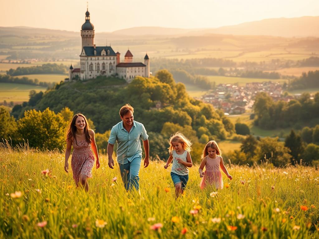 A vibrant family adventure in the lush landscapes of Baden-Württemberg. In the foreground, a joyful group of parents and children explore a verdant meadow, filled with wildflowers and butterflies. In the middle ground, a majestic castle towers on a hilltop, its turrets glowing in the warm afternoon sunlight. The background reveals rolling hills, dotted with quaint villages and winding streams. The scene is bathed in a golden, nostalgic glow, evoking a sense of timeless charm and discovery. Soft, diffused lighting accentuates the idyllic, picturesque atmosphere, inviting the viewer to join this family on their enchanting journey through the hidden gems of Baden-Württemberg.