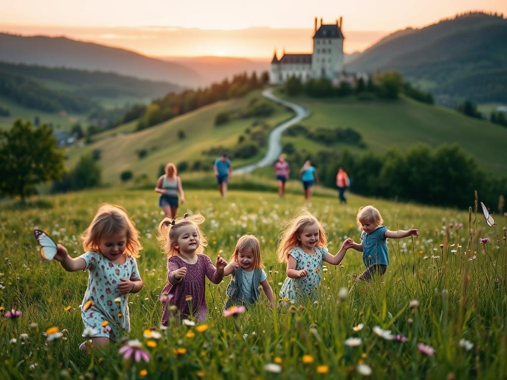 A vibrant family adventure scene in the picturesque landscapes of Baden-Württemberg. In the foreground, a group of excited children explore a lush meadow, chasing butterflies and picking wildflowers. In the middle ground, a scenic hiking trail winds through rolling hills, with parents and grandparents leading the way. In the background, a towering castle stands atop a verdant hill, its turrets silhouetted against a warm, golden sunset sky. The atmosphere is one of joy, discovery, and a deep connection to the natural beauty of the region. Soft, diffused lighting casts a gentle glow over the entire scene, inviting the viewer to immerse themselves in this family-friendly getaway.