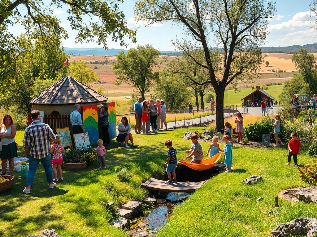 A vibrant family adventure unfolds in a whimsical outdoor setting. In the foreground, a diverse group of parents and children engage in a variety of creative activities - building a playful fort, painting colorful murals, and exploring a lush, enchanted garden. Dappled sunlight filters through the trees, casting a warm, inviting glow over the scene. In the middle ground, a meandering stream winds through the landscape, with stepping stones and a wooden bridge inviting further exploration. In the background, rolling hills and a cloudless sky set the stage for this idyllic, family-friendly outing. The overall atmosphere is one of joy, discovery, and cherished moments shared between generations.