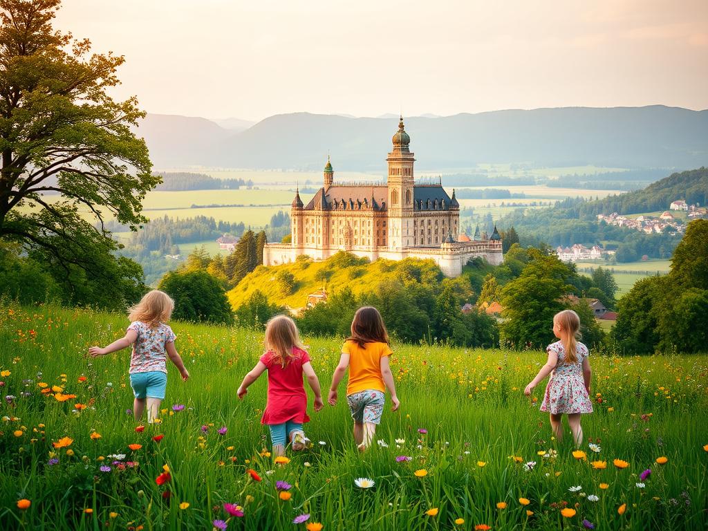 A vibrant, family-friendly scene in the countryside of Baden-Württemberg. In the foreground, a group of children explore a lush, verdant meadow, surrounded by colorful wildflowers. In the middle ground, a historic castle or palace stands majestically, its grand architecture and towers casting a warm, golden glow. In the background, rolling hills dotted with charming villages and forests create a serene, picturesque landscape. The scene is bathed in soft, diffused lighting, creating a sense of wonder and discovery. The overall mood is one of curiosity, adventure, and the joy of cultural exploration.