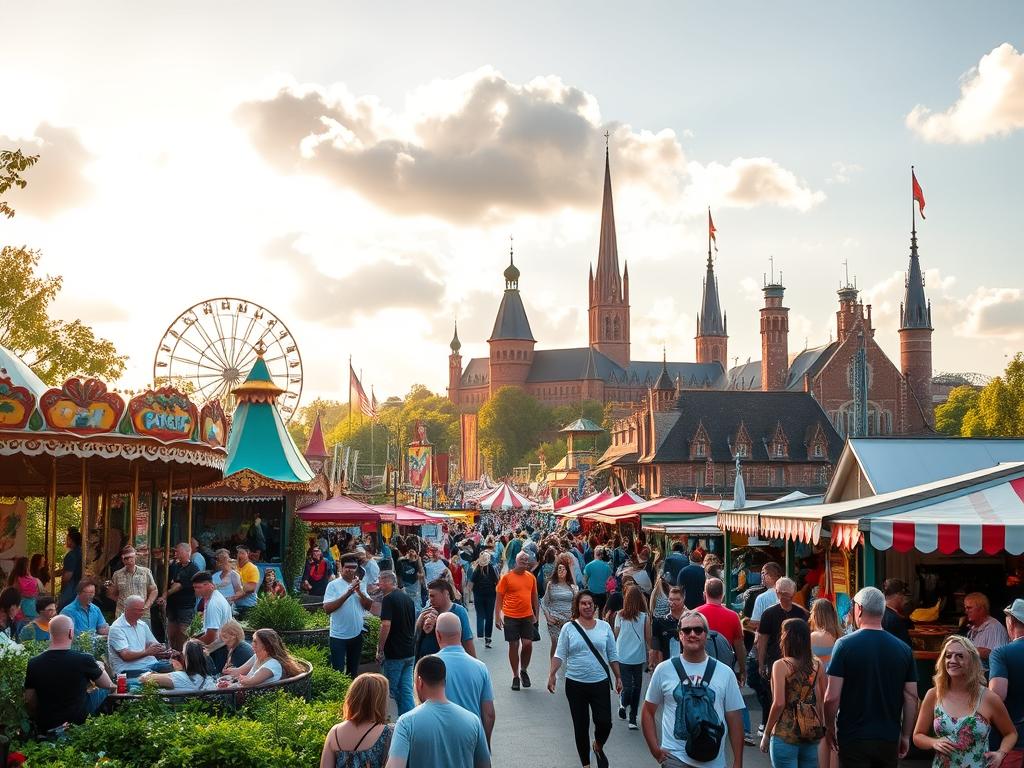 A vibrant, family-friendly scene of a popular German amusement park. In the foreground, guests of all ages enjoy thrilling rides, from rollercoasters to carousels, surrounded by lush greenery and whimsical theming. In the middle ground, colorful stalls and food vendors offer an array of local delicacies and souvenirs. The background features the iconic architecture of the park's landmarks, bathed in warm, golden sunlight filtering through fluffy clouds. The atmosphere is one of pure joy and excitement, capturing the essence of a quintessential German leisure park experience.