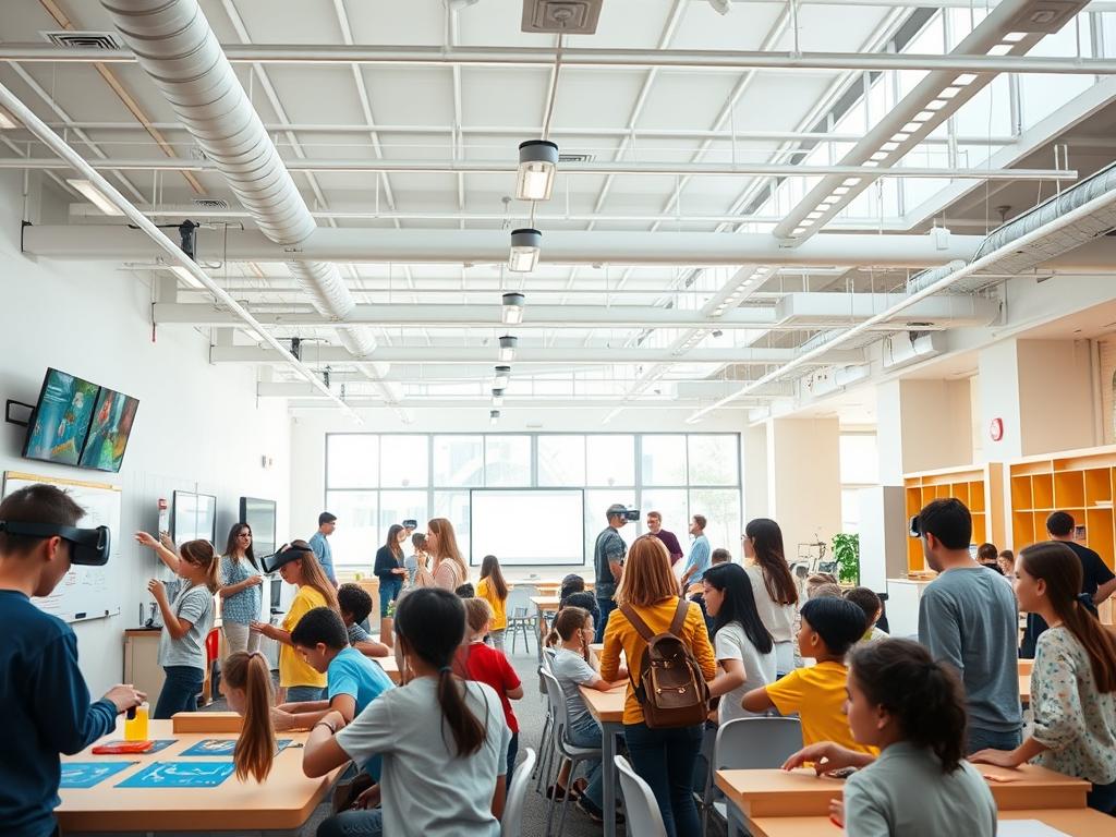 A vibrant, flexible learning environment with a range of interactive educational methods. In the foreground, a diverse group of students engage in hands-on activities, using tactile learning tools and collaborative whiteboards. The middle ground features a mix of digital screens, virtual reality headsets, and multimedia presentations, highlighting the integration of technology. In the background, an open, airy space with natural lighting and adaptable furnishings, fostering a sense of creativity and exploration. The overall atmosphere is one of dynamic, personalized learning, encouraging curiosity and a multifaceted approach to education.