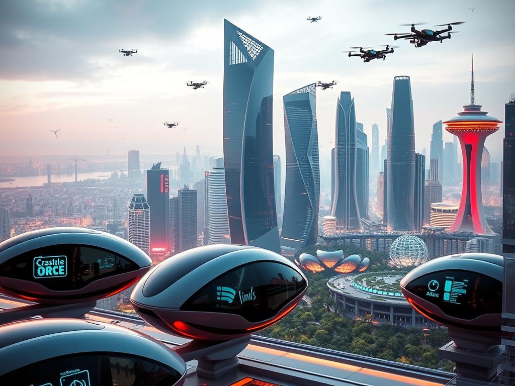 A vibrant, futuristic cityscape showcasing the latest innovations in technology and design. The foreground features sleek, hovering transport pods and holographic displays showcasing cutting-edge products. The middle ground is filled with tall, stylized skyscrapers with minimalist architecture and integrated renewable energy sources. The background depicts a panoramic view of the city, with floating gardens, drone networks, and a breathtaking, neon-tinged skyline. The scene is bathed in a warm, ambient lighting that highlights the smooth, metallic surfaces and the seamless integration of digital and physical elements. An atmosphere of progress, dynamism, and boundless potential permeates the image.