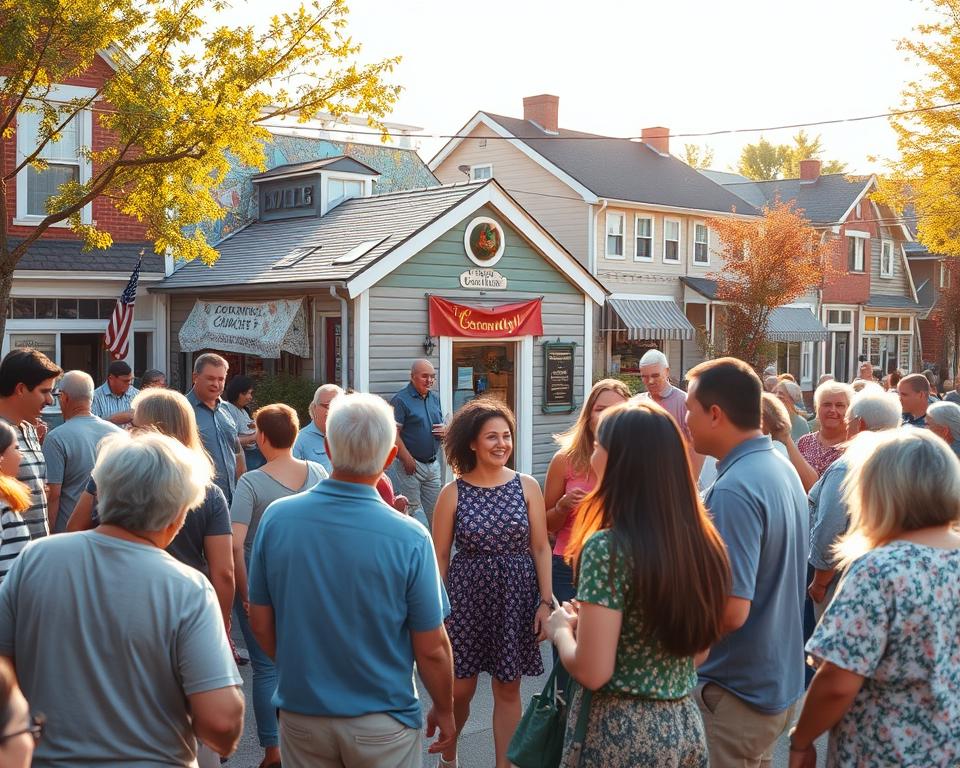 A vibrant neighborhood scene with people of diverse ages and backgrounds gathered in a lively town square. In the foreground, friends and neighbors converse animatedly, sharing laughter and camaraderie. The middle ground features a small community center, its facade adorned with colorful murals and banners promoting local initiatives. In the background, quaint houses and shops line the streets, their windows alive with the hustle and bustle of daily life. Warm, golden sunlight filters through the trees, casting a glow of togetherness and a sense of shared purpose. The overall atmosphere conveys a strong spirit of community, emphasizing how neighborhood-driven endeavors can foster a deeper sense of belonging and local pride.