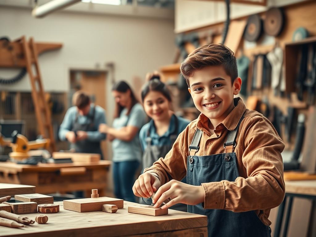 A vibrant scene of apprenticeship in the skilled trades, showcasing the benefits of vocational training. In the foreground, a young apprentice enthusiastically works on a woodworking project, their hands deftly guiding the tools. In the middle ground, a group of trainees collaborate on a construction task, their faces alight with focus and determination. The background reveals a well-equipped workshop, filled with the tools of various crafts - metal, leather, textiles - hinting at the diverse opportunities available in the skilled trades. Warm, natural lighting illuminates the scene, casting a sense of pride and accomplishment. The overall atmosphere conveys the rewarding experience of hands-on learning and the promising future of skilled professions.