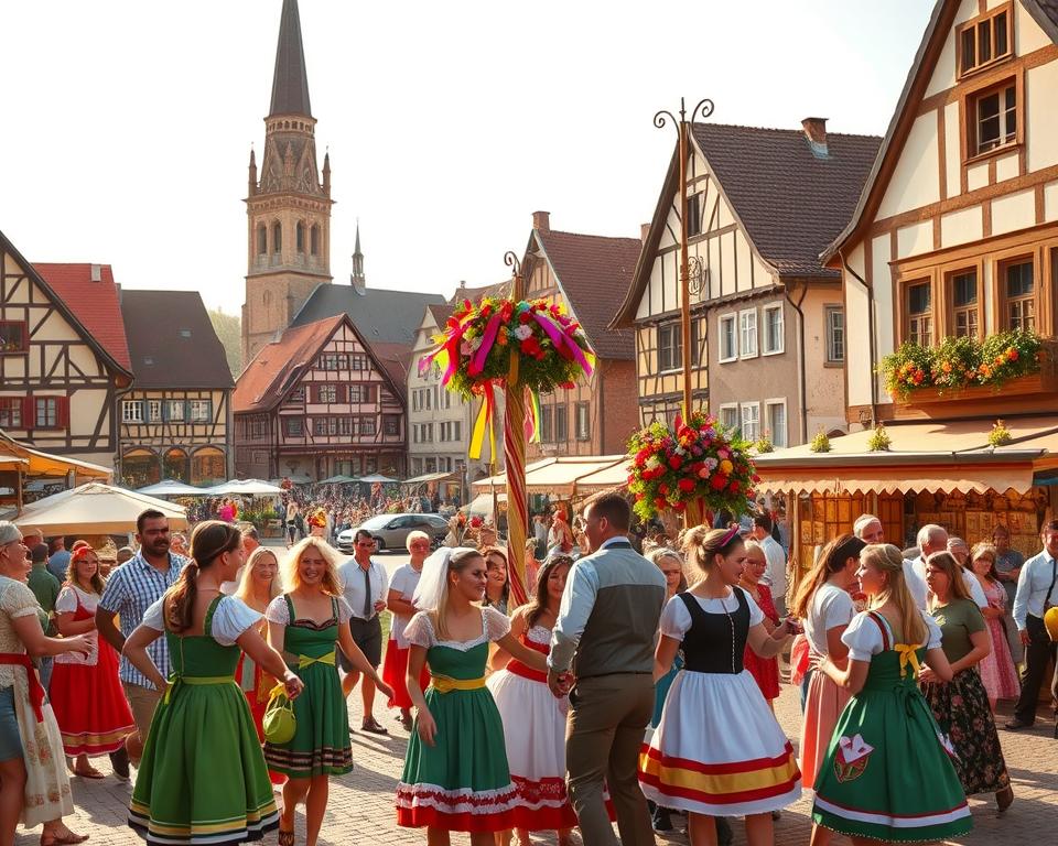 A vibrant scene of traditional German festivals and customs. In the foreground, revelers in colorful costumes dance around a maypole adorned with flowers and ribbons. In the middle ground, a bustling outdoor market filled with artisanal crafts, regional delicacies, and lively music. In the background, a historic town square with half-timbered buildings and a towering church steeple. Warm, golden lighting casts a festive glow, capturing the joyous atmosphere of these beloved cultural celebrations. The composition evokes a sense of timeless heritage and community spirit that are hallmarks of German festival traditions.