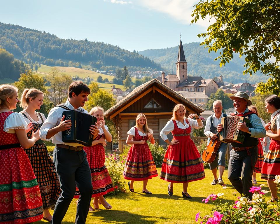 A vibrant scene of traditional Volkskultur in Germany. In the foreground, a group of people in colorful folk costumes dance joyfully to the lively music of an accordion player. In the middle ground, a small wooden hut with a thatched roof, surrounded by lush greenery and blooming flowers. In the background, a picturesque village nestled between rolling hills, with a charming church steeple peeking out. The lighting is warm and golden, casting a nostalgic glow over the entire tableau. The composition has a sense of movement and energy, capturing the rich cultural heritage and lively spirit of Volkskultur.