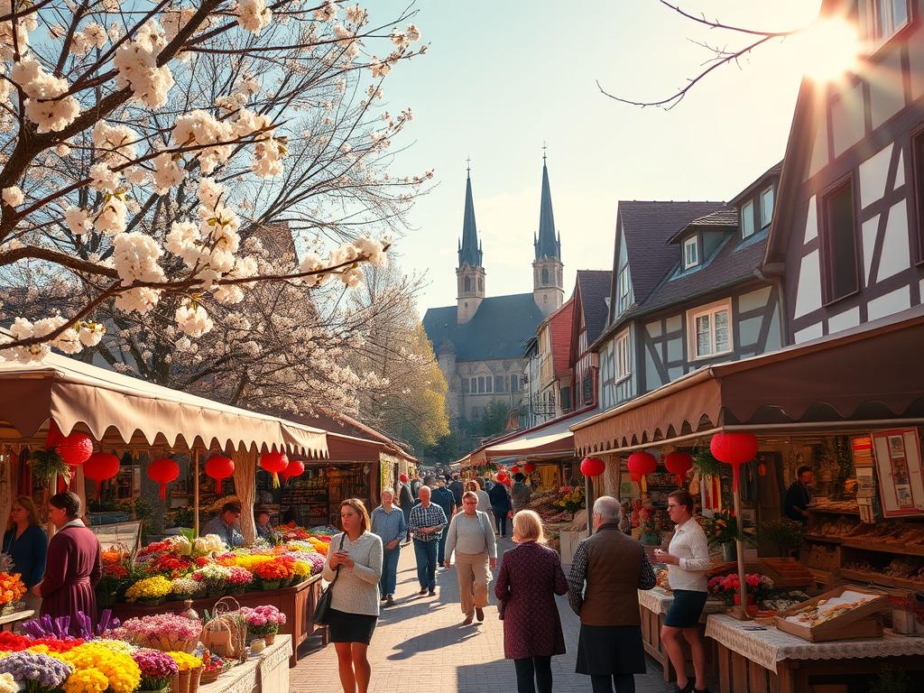 A vibrant spring festival in a charming Bavarian village, with a bustling outdoor market selling colorful flowers, handcrafted wares, and local delicacies. Warm sunlight filters through blossoming trees, casting a golden glow over the scene. In the foreground, stalls adorned with traditional fabrics and decorations invite visitors to browse an array of artisanal goods. In the middle ground, people meander through the market, admiring the wares and sampling freshly baked pastries. In the background, the facades of half-timbered houses and medieval church spires create a picturesque, historic backdrop, evoking the spirit of a beloved springtime tradition.