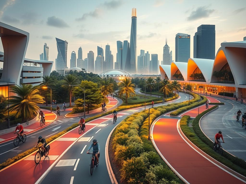 A vibrant urban landscape showcasing innovative bicycle infrastructure design. In the foreground, a dynamic mix of modern bike lanes, colored paving, and dedicated cycle tracks wind through the city. Cyclists of all ages and abilities navigate this seamless network, illuminated by warm lighting and bathed in a soft, golden glow. In the middle ground, lush greenery and stylized architectural elements create a visually striking contrast, blending form and function. The background features futuristic skyscrapers and clean, minimalist buildings, hinting at a progressive, sustainable vision for the city's mobility. The scene exudes a sense of energy, connectivity, and a commitment to prioritizing active, eco-friendly transportation.