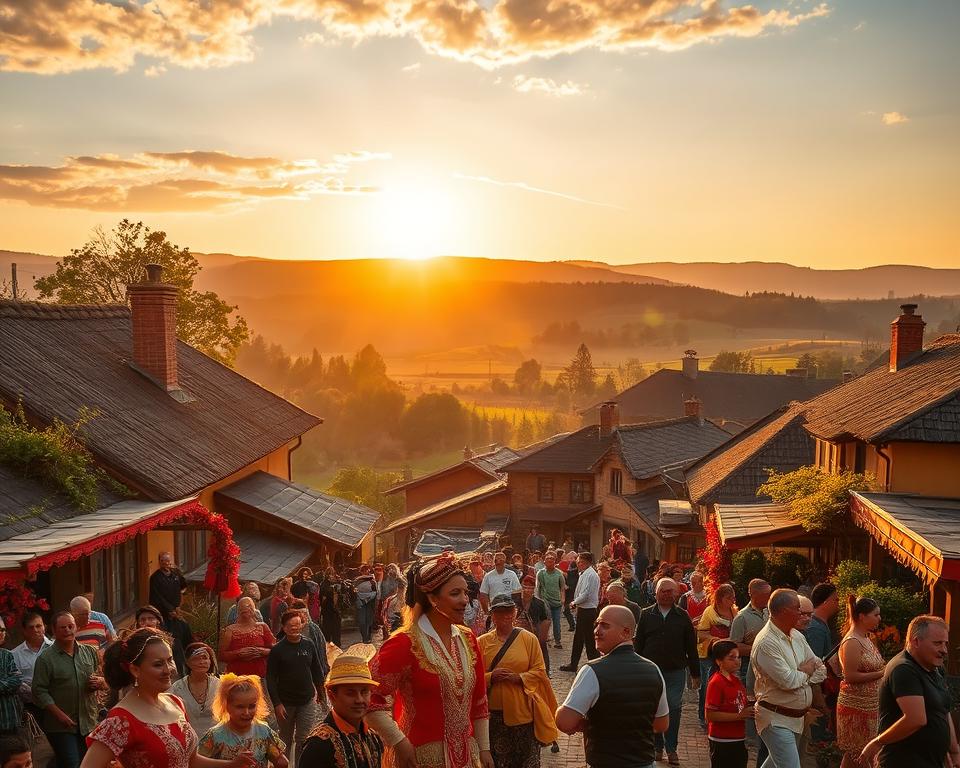 A vibrant village scene in the golden glow of sunset, showcasing the rich cultural heritage of the local community. In the foreground, a lively festival is in full swing, with costumed performers and villagers engaged in traditional dances and festivities. In the middle ground, quaint cottages and historic buildings form a picturesque backdrop, their warm-toned facades and thatched roofs reflecting the setting sun. In the distance, rolling hills and lush greenery create a serene, pastoral atmosphere, emphasizing the rural charm of the locale. The scene is captured with a wide-angle lens, allowing for a comprehensive view of the festivities and the surrounding environment. The overall mood is one of celebration, community, and a deep appreciation for the enduring cultural traditions that define the character of this charming village.