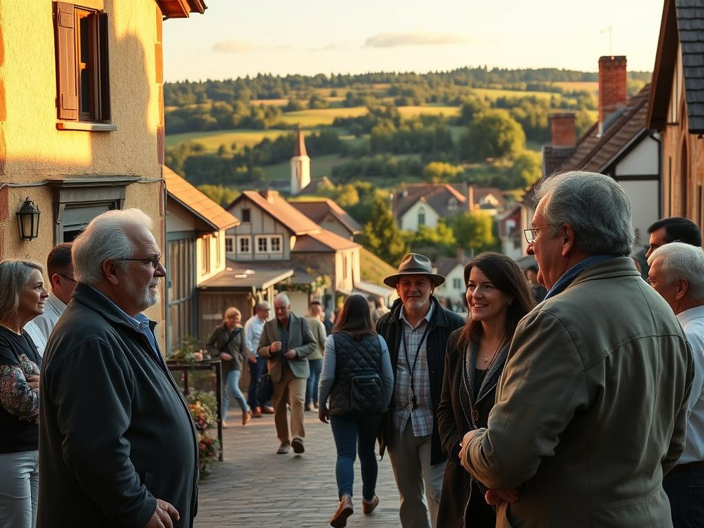 A village town hall in a quaint rural setting, its facade bathed in warm afternoon sunlight. In the foreground, the mayor engages in animated discussion with a group of local residents, their expressions signifying earnest dialogue. The middle ground reveals a bustling town square, where citizens move about their daily tasks, conveying a sense of active community involvement. In the background, a picturesque village landscape unfolds, with charming cottages, a church steeple, and lush greenery, evoking a atmosphere of pastoral tranquility. The scene captures the essence of open communication and collaborative spirit at the heart of small-town governance.
