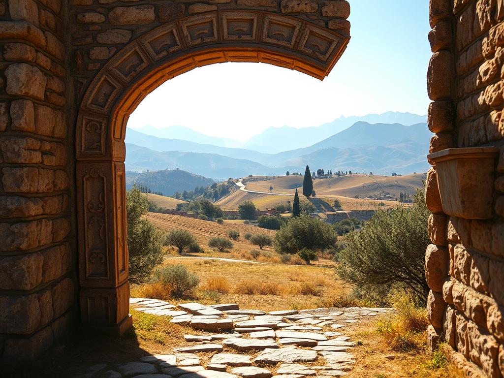 A weathered stone archway stands as a gateway to the past, its intricate carvings casting shadows on the sun-dappled ground. In the middle distance, rolling hills dotted with olive groves and vineyards stretch towards a hazy horizon, reflecting the rich agricultural heritage of the region. The background is filled with towering mountains, their peaks capped with snow, creating a sense of timeless grandeur. The lighting is soft and golden, evoking a sense of nostalgia and tradition. The overall composition conveys a feeling of deep-rooted connections between the land, its people, and their innovative spirit.
