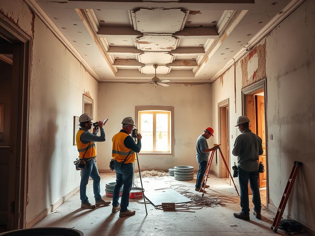 A well-lit interior of an old building undergoing renovation, with a team of construction workers carefully inspecting and documenting the condition of the walls, floors, and ceilings. The scene conveys a sense of diligence and attention to detail, with the workers using a variety of tools and instruments to assess the building's structural integrity and identify any areas in need of repair. The lighting is soft and natural, creating a warm and inviting atmosphere that suggests the care and consideration being put into the renovation process. The overall composition should strike a balance between the technical aspects of the inspection and the human element, capturing the collaborative effort involved in restoring an older structure to its former glory.