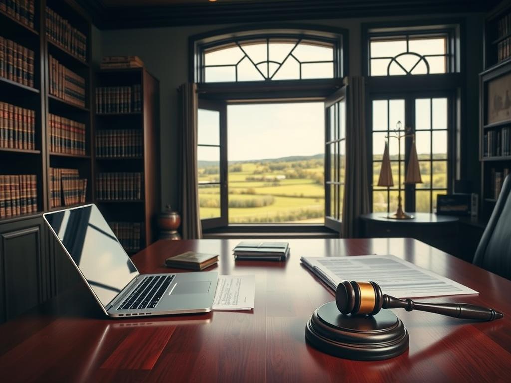 A well-lit interior scene of a lawyer's office, featuring a wooden desk with a laptop, legal documents, and a gavel. In the background, a tall bookshelf filled with law books, and a large window overlooking a picturesque rural landscape. The mood is professional and authoritative, conveying the importance of legal considerations for a home renovation project. The lighting is warm and focused, highlighting the key elements of the composition.