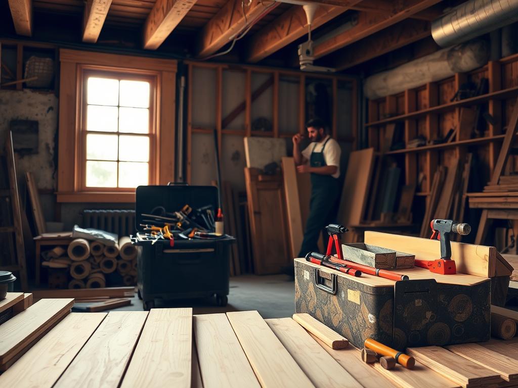 A well-lit workshop interior, filled with the tools and materials of home renovation. In the foreground, a collection of construction materials - freshly sanded wood planks, rolls of insulation, and a toolbox overflowing with hammers, screwdrivers, and caulking guns. In the middle ground, a worker in overalls is carefully measuring a window frame, evaluating the need for weatherproofing. The background reveals the bones of an older structure, with exposed beams and partially stripped walls, hinting at the restoration work to come. The lighting is warm and natural, casting a cozy glow over the scene and conveying a sense of industrious productivity. The overall atmosphere evokes the care and craftsmanship involved in the responsible renovation of a cherished historic home.