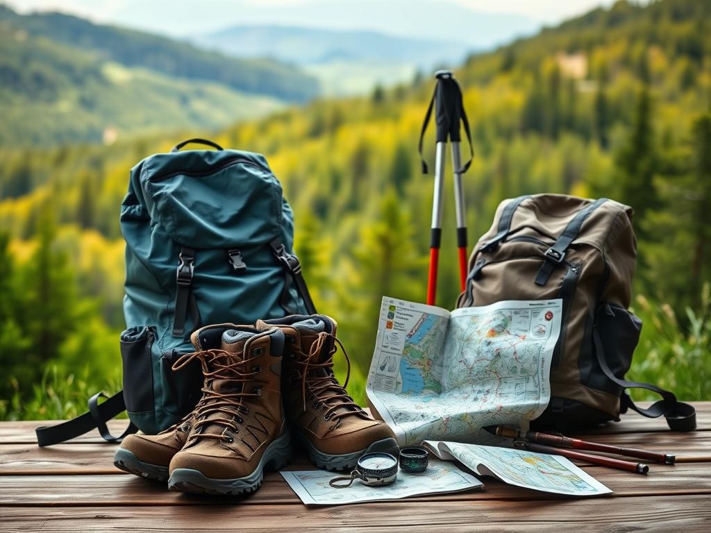 A well-organized outdoor scene depicting essential hiking equipment for a nature walk in the Allgäu region. In the foreground, a sturdy backpack, hiking boots, and a water bottle sit on a wooden surface, illuminated by warm, natural lighting. In the middle ground, hiking poles, a compass, and a map unfold, suggesting the preparation and navigation required for the journey. The background features lush, verdant forests and rolling hills, capturing the picturesque Allgäu landscape. The overall composition conveys a sense of adventure, preparedness, and the appreciation of the great outdoors.