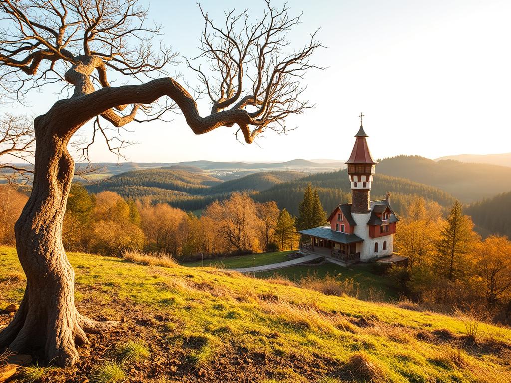 A whimsical, offbeat landscape in Baden-Württemberg, Germany. In the foreground, an unusual natural formation - perhaps a twisted tree or a fantastical rock formation. Mid-ground features a quirky, one-of-a-kind structure, like a colorful, asymmetrical house or a unique landmark. The background showcases the rolling hills and lush forests characteristic of the region, with warm, golden sunlight filtering through the trees. The overall atmosphere is enchanting, imaginative, and encourages the viewer to explore the unexpected delights of this unique destination.