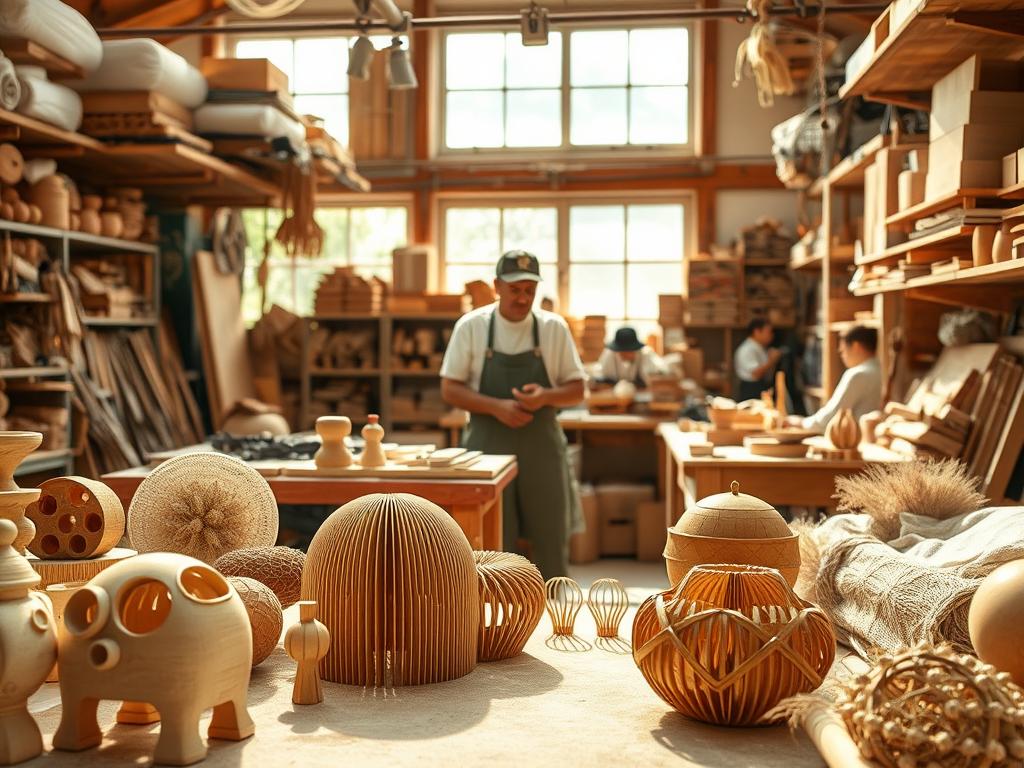 A workshop filled with innovative materials and tools, bathed in warm, natural lighting. In the foreground, intricate handcrafted wooden objects and textiles made from sustainable fibers. In the middle ground, a skilled artisan demonstrating the use of advanced 3D-printed components and smart fabrics. The background showcases a diverse array of cutting-edge, eco-friendly building materials, from mycelium bricks to recycled plastic composites. The overall atmosphere conveys a sense of creativity, craftsmanship, and a forward-thinking approach to traditional handiwork.
