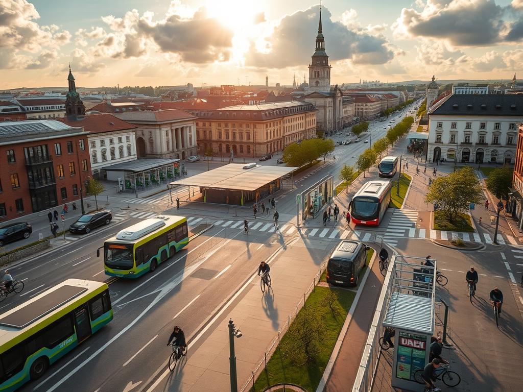 An aerial view of a bustling Bavarian city, capturing the essence of the Verkehrswende (transport transformation) in action. In the foreground, modern electric buses and trams glide along dedicated lanes, their clean energy propelling commuters efficiently. Bicyclists navigate well-marked cycle paths, weaving between pedestrians enjoying the newly pedestrianized streets. The middle ground showcases innovative parking solutions, with electric vehicle charging stations and shared mobility hubs. In the background, a mix of historic and contemporary architecture frames the scene, hinting at Bavaria's commitment to balancing tradition and progress. Warm, golden sunlight filters through fluffy clouds, casting a vibrant, optimistic glow over the sustainable transportation landscape.