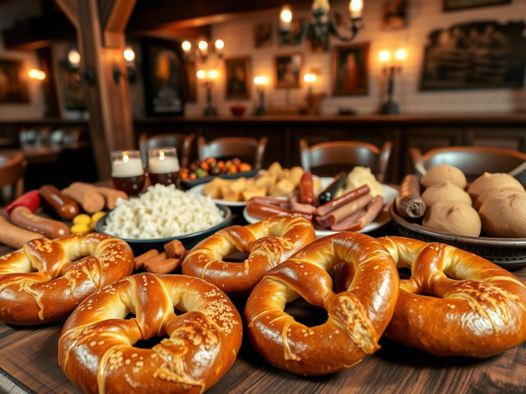 An assortment of traditional Bavarian delicacies known as "Schmankerl" spread across a rustic wooden table. In the foreground, freshly baked pretzels, soft and glistening, accompanied by a variety of local sausages, cured meats, and tangy mustards. In the middle ground, plates of creamy white sauerkraut, roasted potatoes, and hearty bread dumplings. The background features a cozy, dimly lit Bavarian tavern setting, with wooden beams, antique furnishings, and the warm glow of candlelight, creating a welcoming and authentic atmosphere. The scene evokes the rich culinary heritage and convivial spirit of Bavaria, inviting the viewer to savor these quintessential regional specialties.