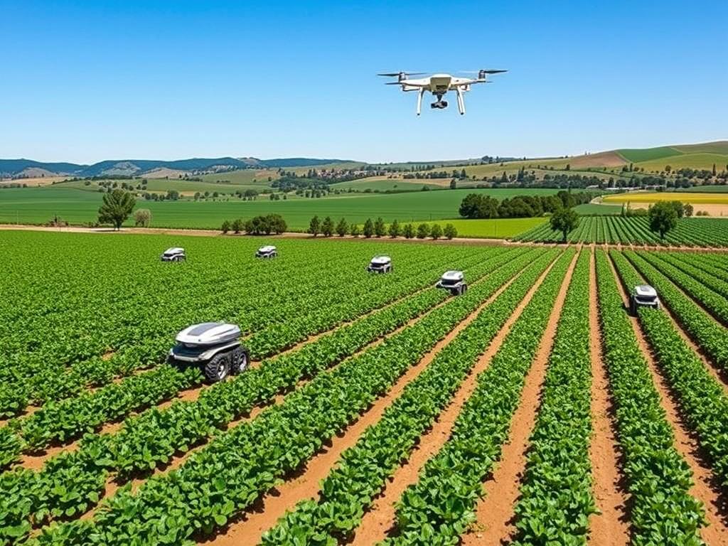 An expansive landscape of lush green fields, dotted with rows of precision-planted crops, surrounded by rolling hills and a clear blue sky. In the foreground, a fleet of autonomous agricultural vehicles navigates the terrain, their robotic arms tending to the plants with meticulous care. Sensors and cameras are seamlessly integrated, monitoring soil moisture, nutrient levels, and pest activity, while drones soar overhead, capturing aerial data to optimize irrigation and fertilization. The scene conveys a harmonious balance between technology and nature, showcasing the efficiency and sustainability of smart farming practices.