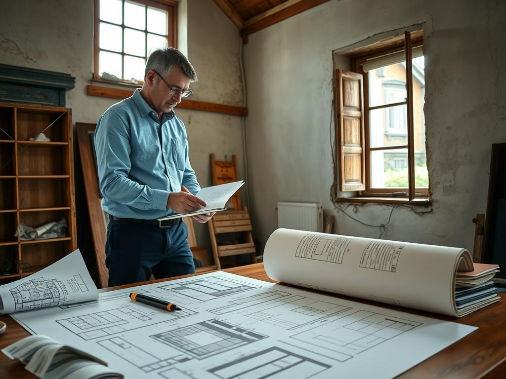 An old German house undergoing a comprehensive renovation, with a focus on the assessment and analysis process. In the foreground, a professional home inspector carefully examines the building's structure, taking notes and measuring key details. The middle ground showcases architectural plans and blueprints spread out on a desk, indicating the thorough planning involved. In the background, a window offers a glimpse of the house's exterior, its weathered facade hinting at the history and character to be preserved. Soft, natural lighting illuminates the scene, conveying a sense of diligence and thoughtful consideration for the property's unique needs and challenges.