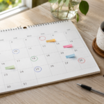 Wandkalender mit markierten Feiertagen und Brückentagen in Bayern 2027 auf einem hellen Schreibtisch
