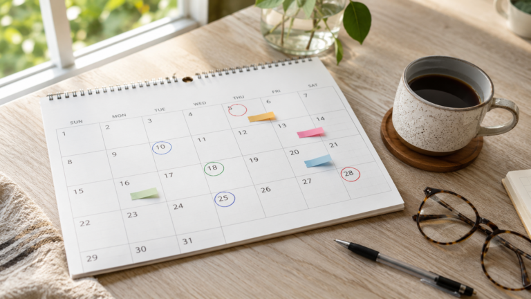 Wandkalender mit markierten Feiertagen und Brückentagen in Bayern 2027 auf einem hellen Schreibtisch