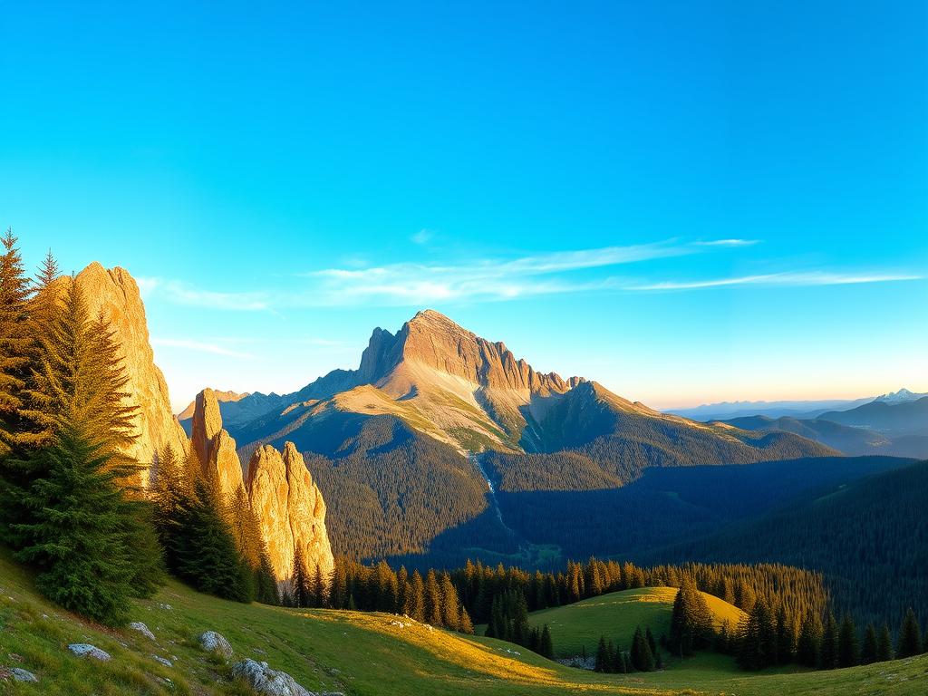 Bergpanorama Hornisgrinde: A sweeping vista of the Black Forest's highest peak, the Hornisgrinde, rises majestically against a backdrop of azure skies. Rugged granite formations and lush alpine meadows stretch out in the foreground, bathed in the warm glow of golden-hour sunlight. Towering evergreen forests cloak the surrounding slopes, their verdant hues contrasting with the stark, jagged silhouettes of the mountain ridges. A sense of tranquility and grandeur pervades the scene, inviting the viewer to immerse themselves in the breathtaking natural splendor of this iconic German landscape.