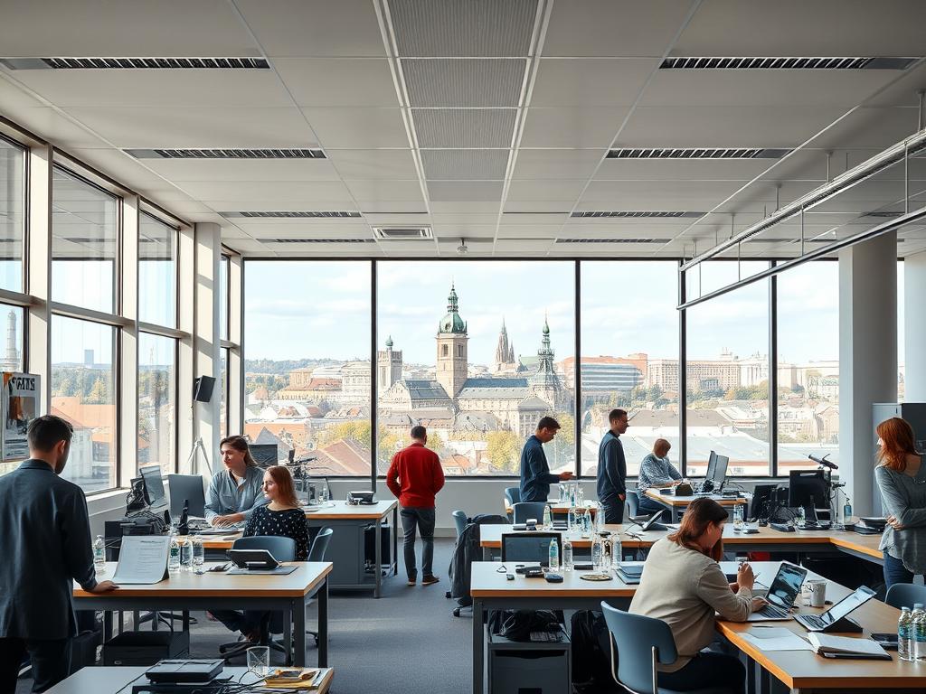 Highly detailed, photorealistic image of vocational training and continuing education opportunities in southern Germany. Wide shot showing modern, well-equipped classrooms and workshops with students and instructors engaged in hands-on activities. Crisp, natural lighting from large windows illuminates the scene. In the background, the skyline of a vibrant city with a mix of historic and contemporary architecture. The overall atmosphere conveys a sense of dynamism, innovation, and opportunity in the region's thriving vocational education sector.