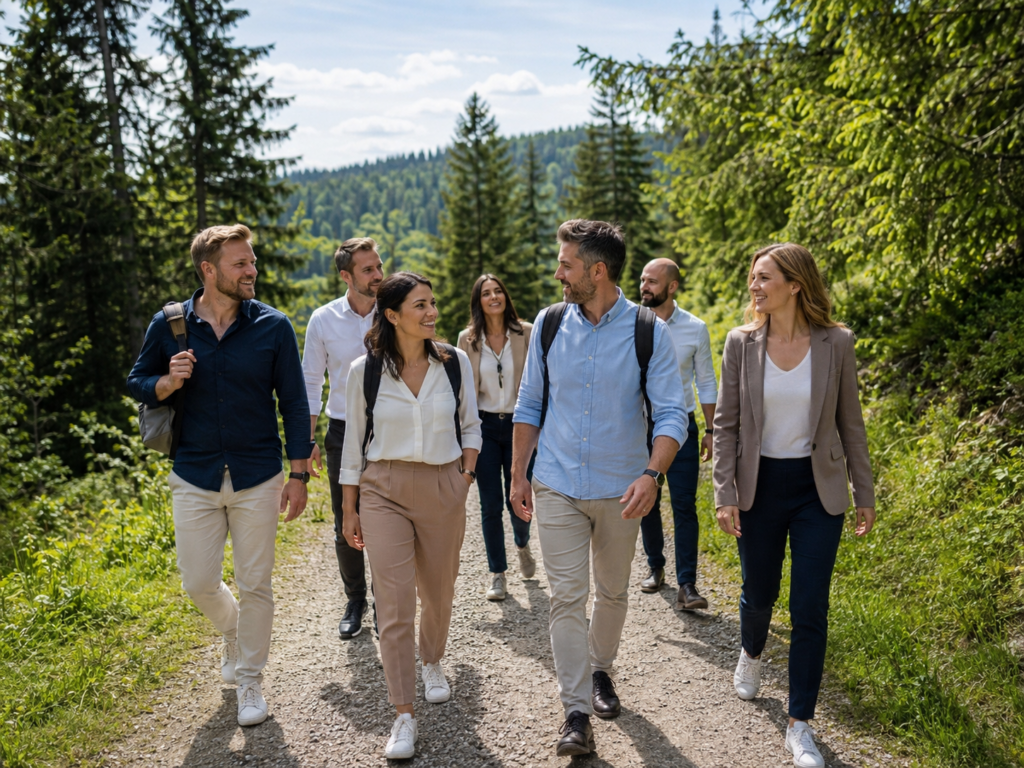 Gruppe wandert im Schwarzwald während eines Betriebsausflugs