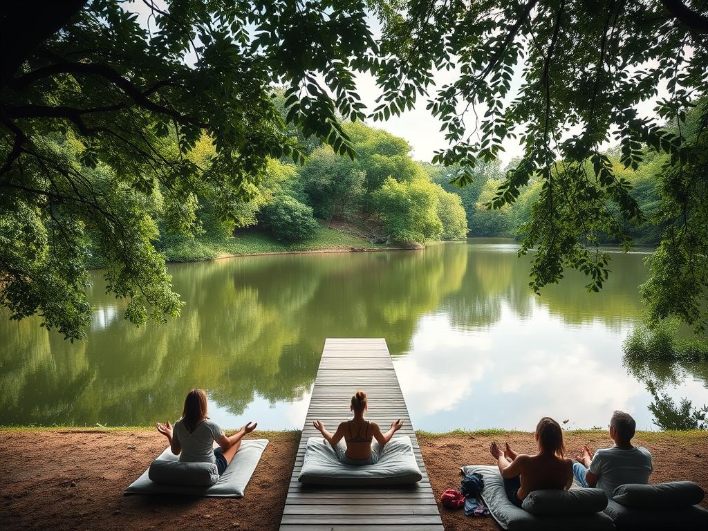 Serene outdoor scene with a tranquil lake surrounded by lush, verdant foliage. A wooden dock extends into the still waters, inviting visitors to sit and gaze upon the reflection of the trees and clouds above. In the foreground, a group of people engage in relaxing activities such as yoga, meditation, or simply lounging on plush cushions. Soft, diffused lighting filters through the canopy, creating a warm, soothing ambiance. The overall atmosphere is one of pure relaxation and wellness, encouraging a sense of inner peace and rejuvenation.